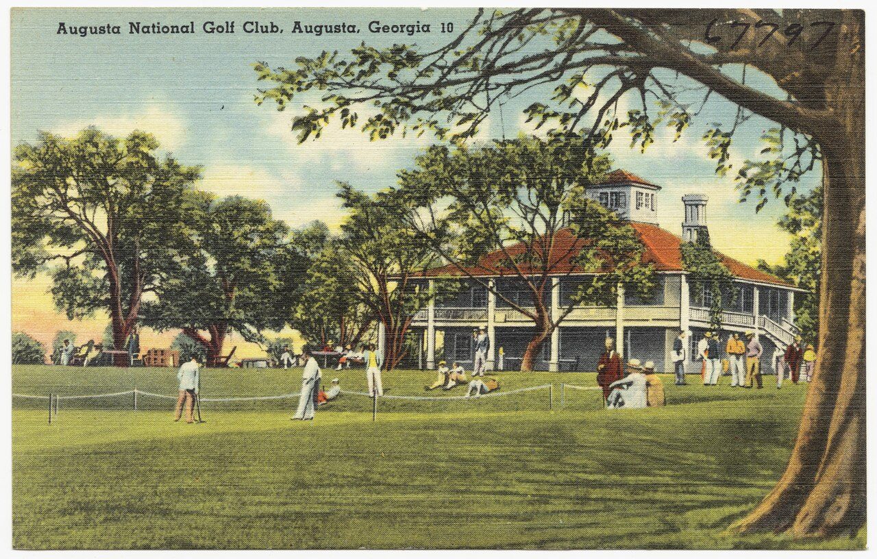 Vintage linen postcard of the Augusta National Golf Club clubhouse, with golfers on the lawn beneath an oak