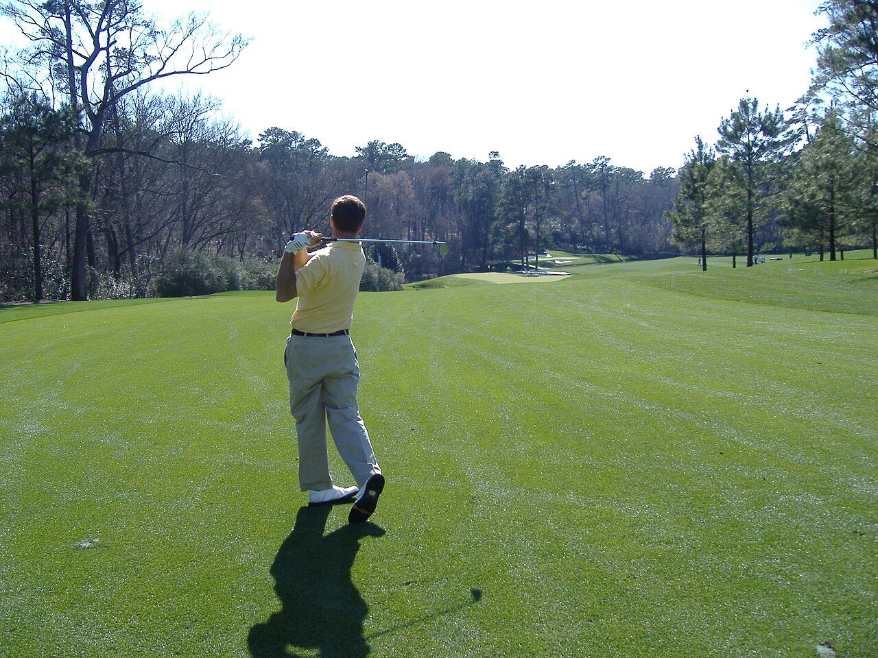 A golfer watches an iron shot down a pine-lined fairway at Augusta National
