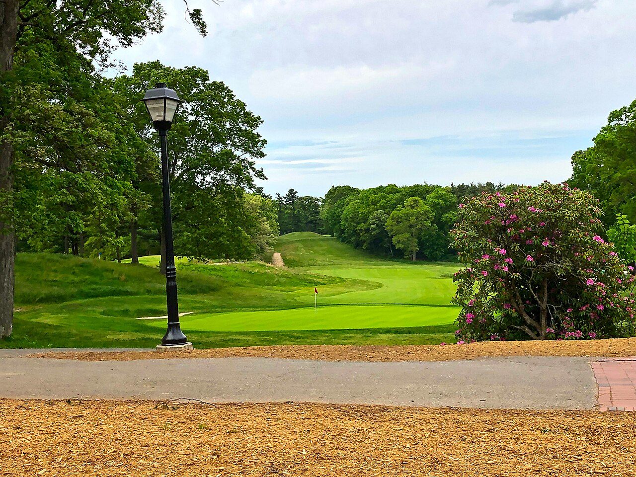 The first hole at Bethpage Black seen from beside the clubhouse on Long Island