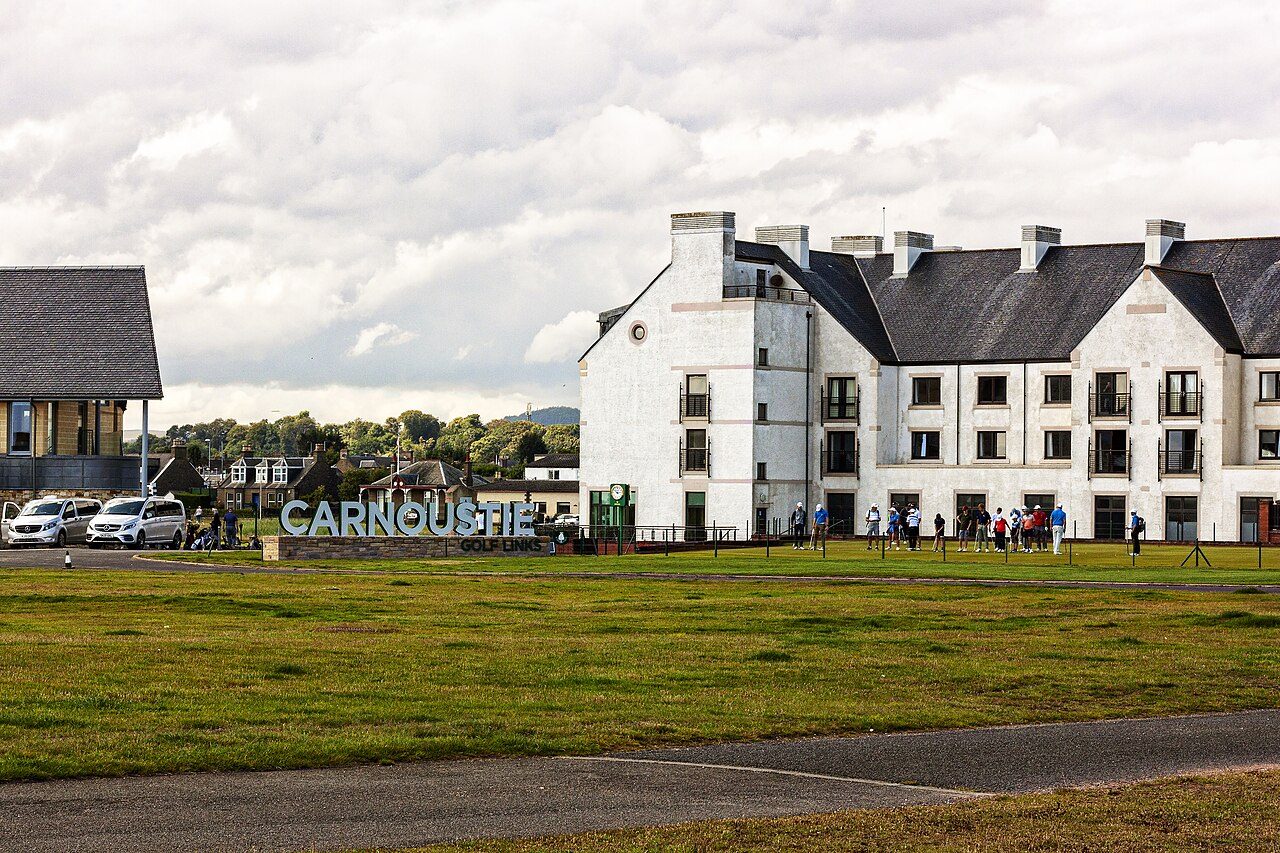 Carnoustie Golf Links with its hotel and clubhouse behind the 18th green