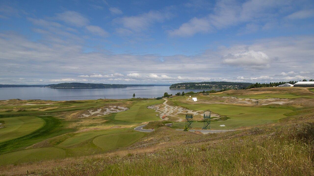 Links-style fairways at Chambers Bay above Puget Sound in University Place, Washington