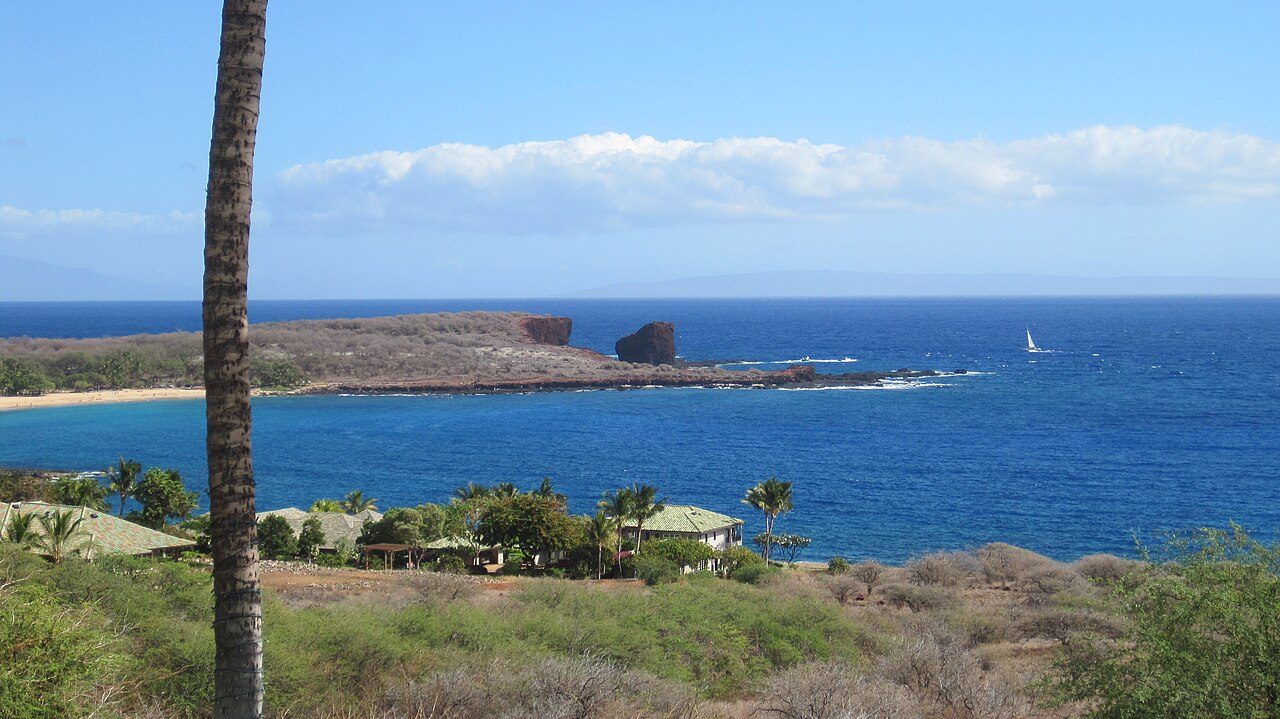 The view toward Pu'u Pehe rock and the ocean from the Manele Golf Course clubhouse on Lanai