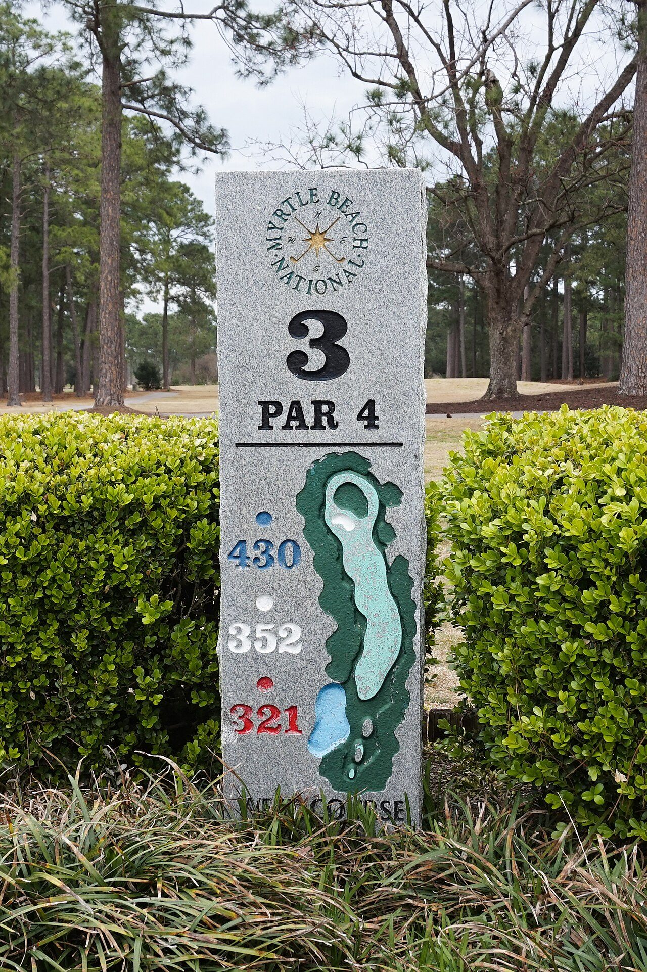 A granite tee marker for the third hole on the West Course at Myrtle Beach National, a package staple