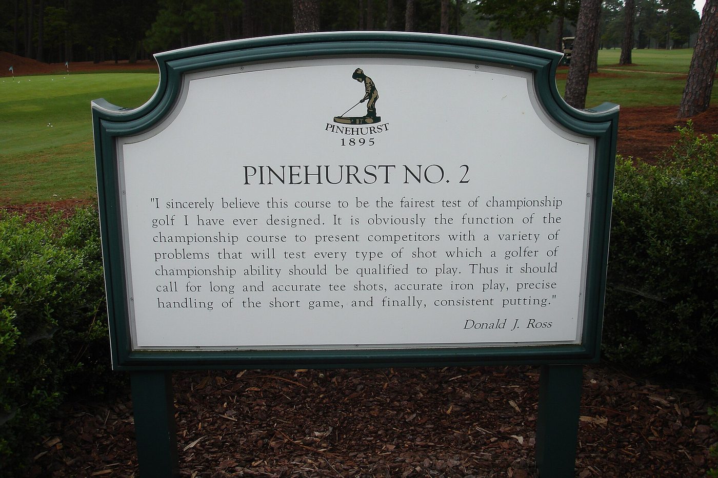 Pinehurst No. 2 course sign with a Donald Ross quotation, Pinehurst, North Carolina