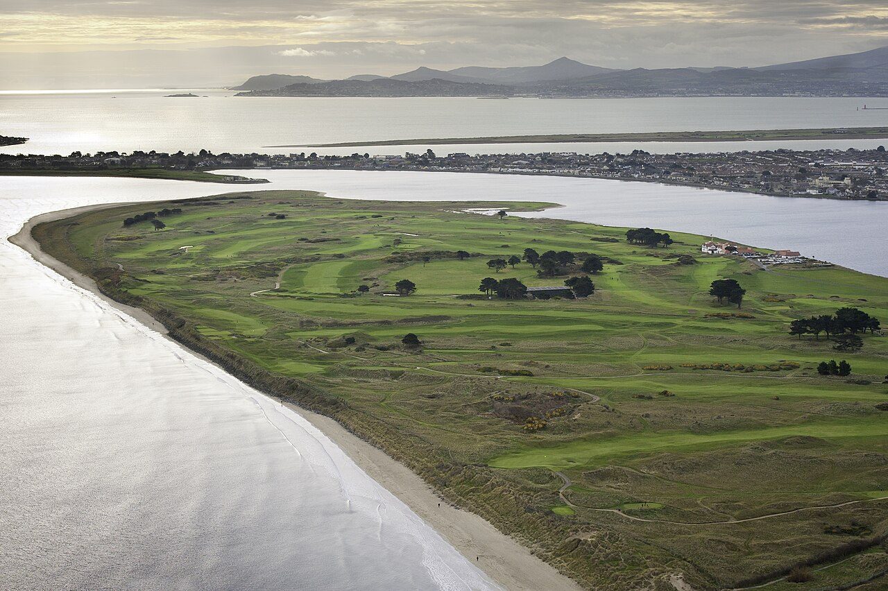 Aerial view of Portmarnock Golf Club on its peninsula north of Dublin