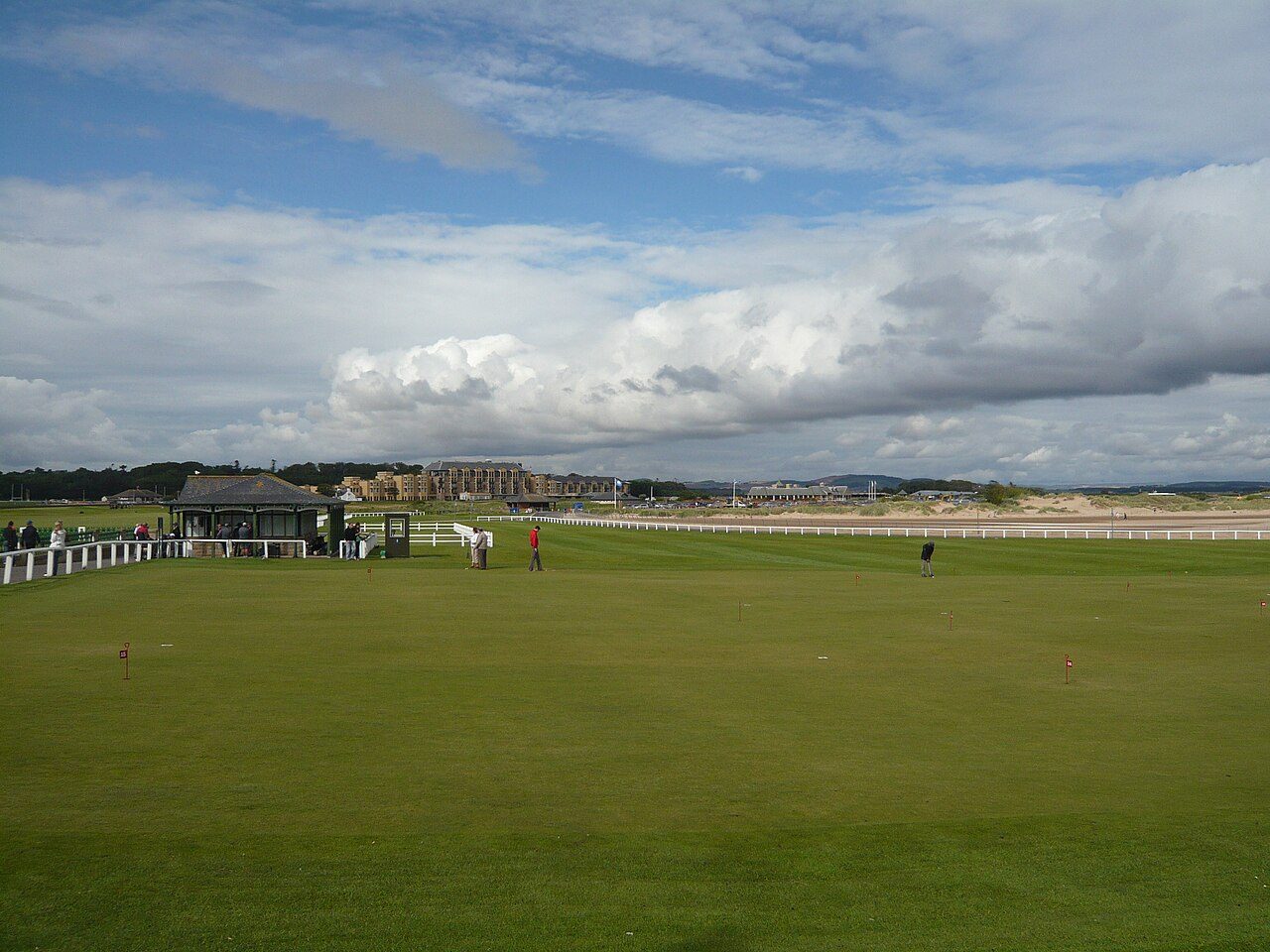 The first and eighteenth fairways of the Old Course at St Andrews, with the town beyond