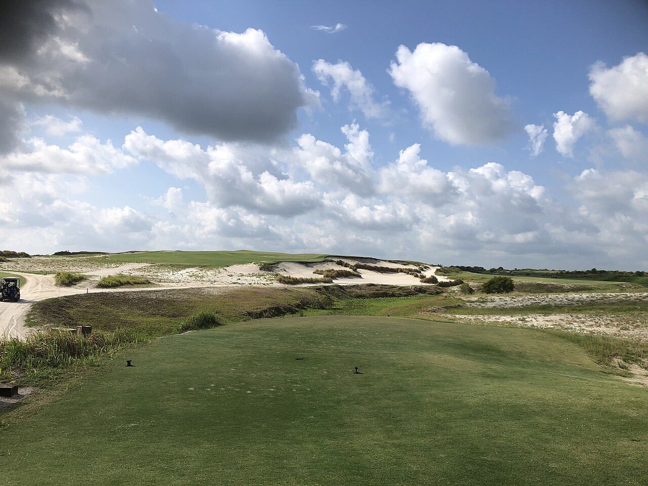 Uphill par-3 fifth hole on the Black course at Streamsong, with sandy waste areas around the green