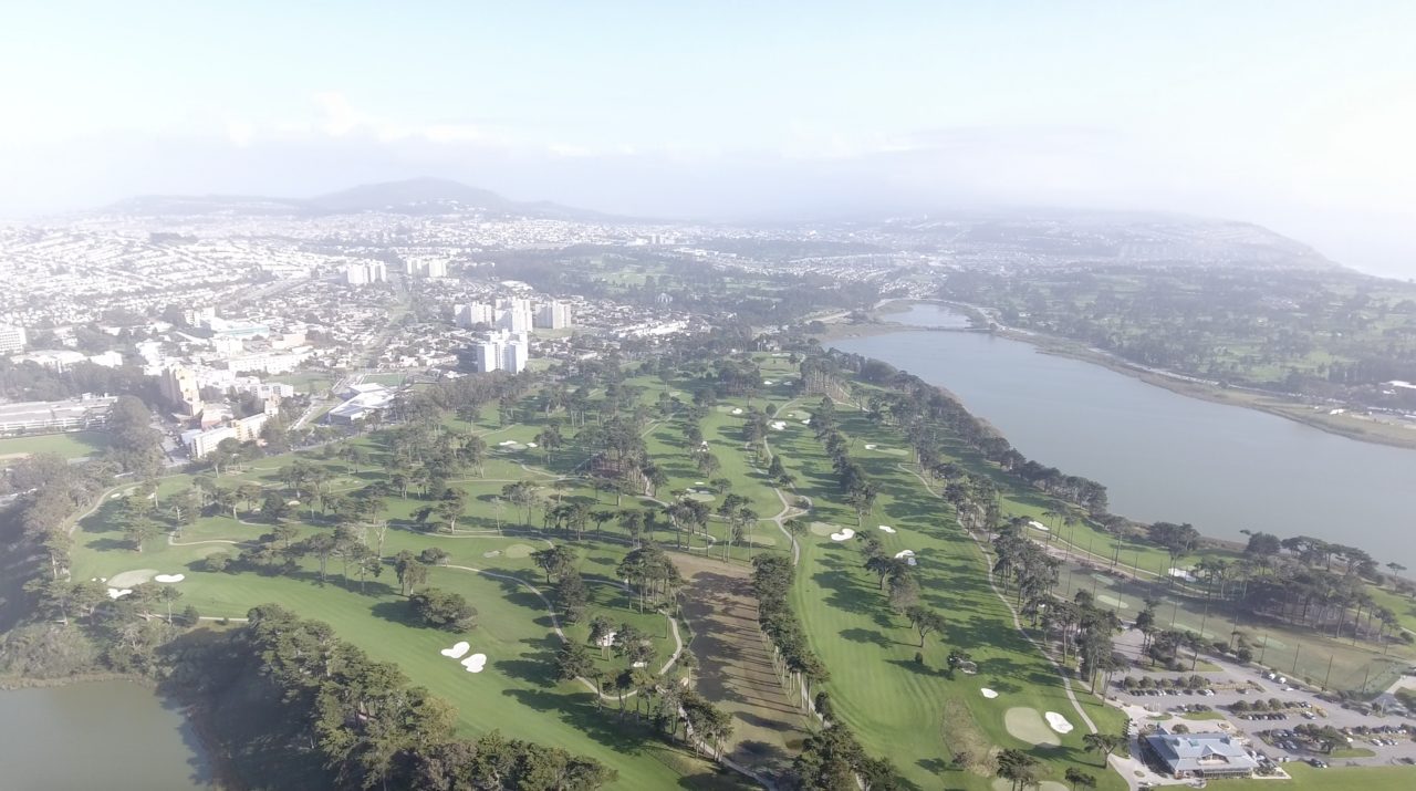 Aerial view of TPC Harding Park beside Lake Merced in San Francisco