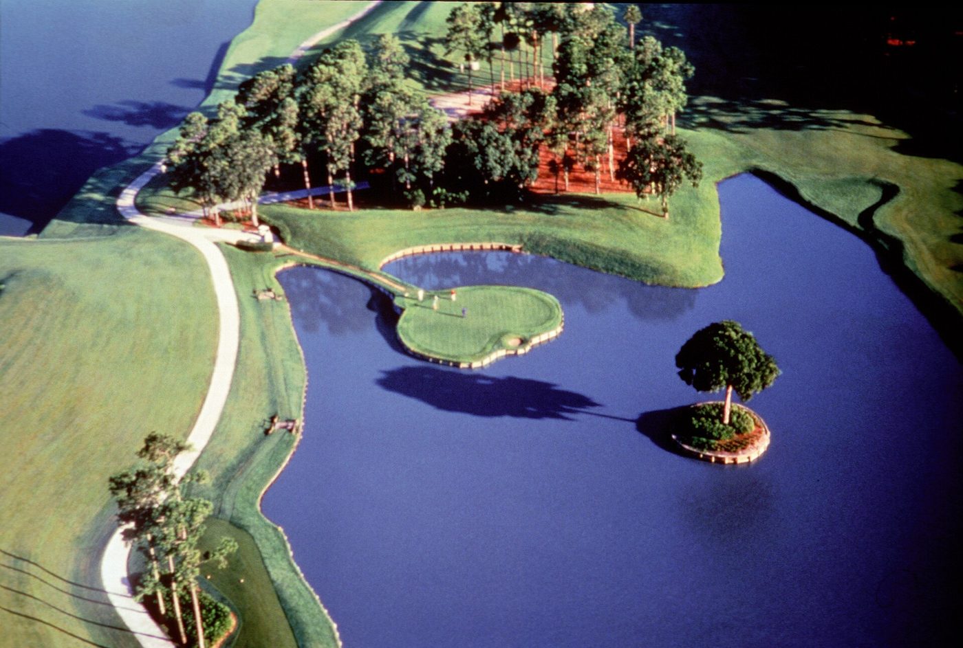 Aerial view of the island-green 17th hole on the Stadium Course at TPC Sawgrass