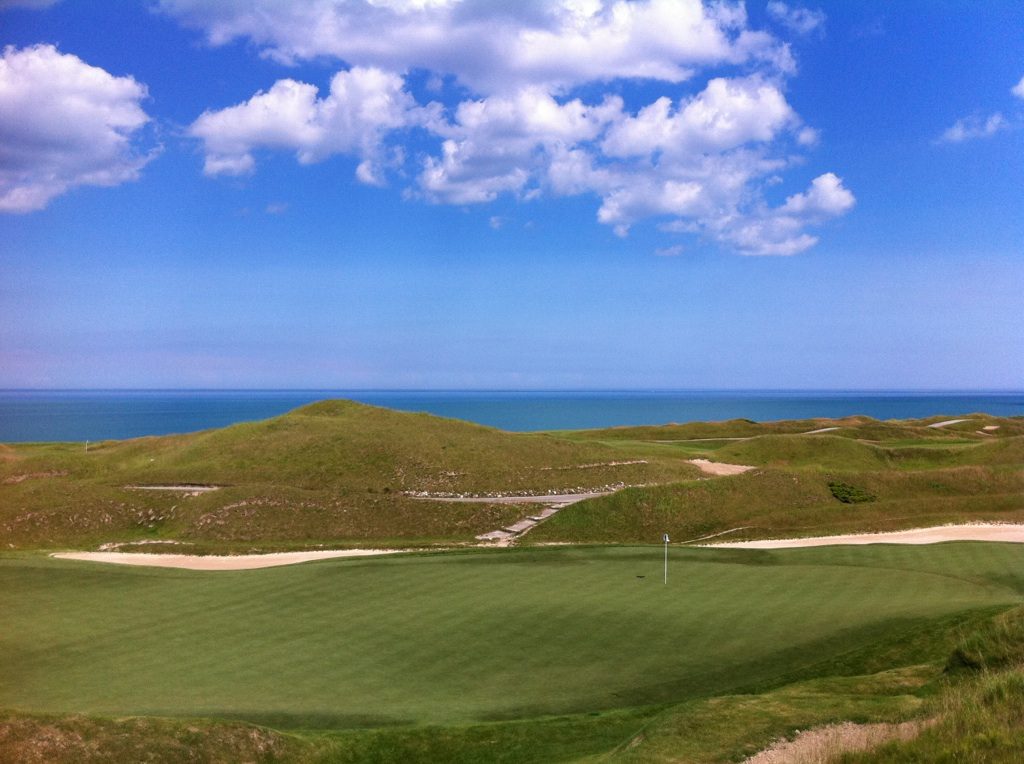 The Irish course at Whistling Straits, with dunes and Lake Michigan beyond