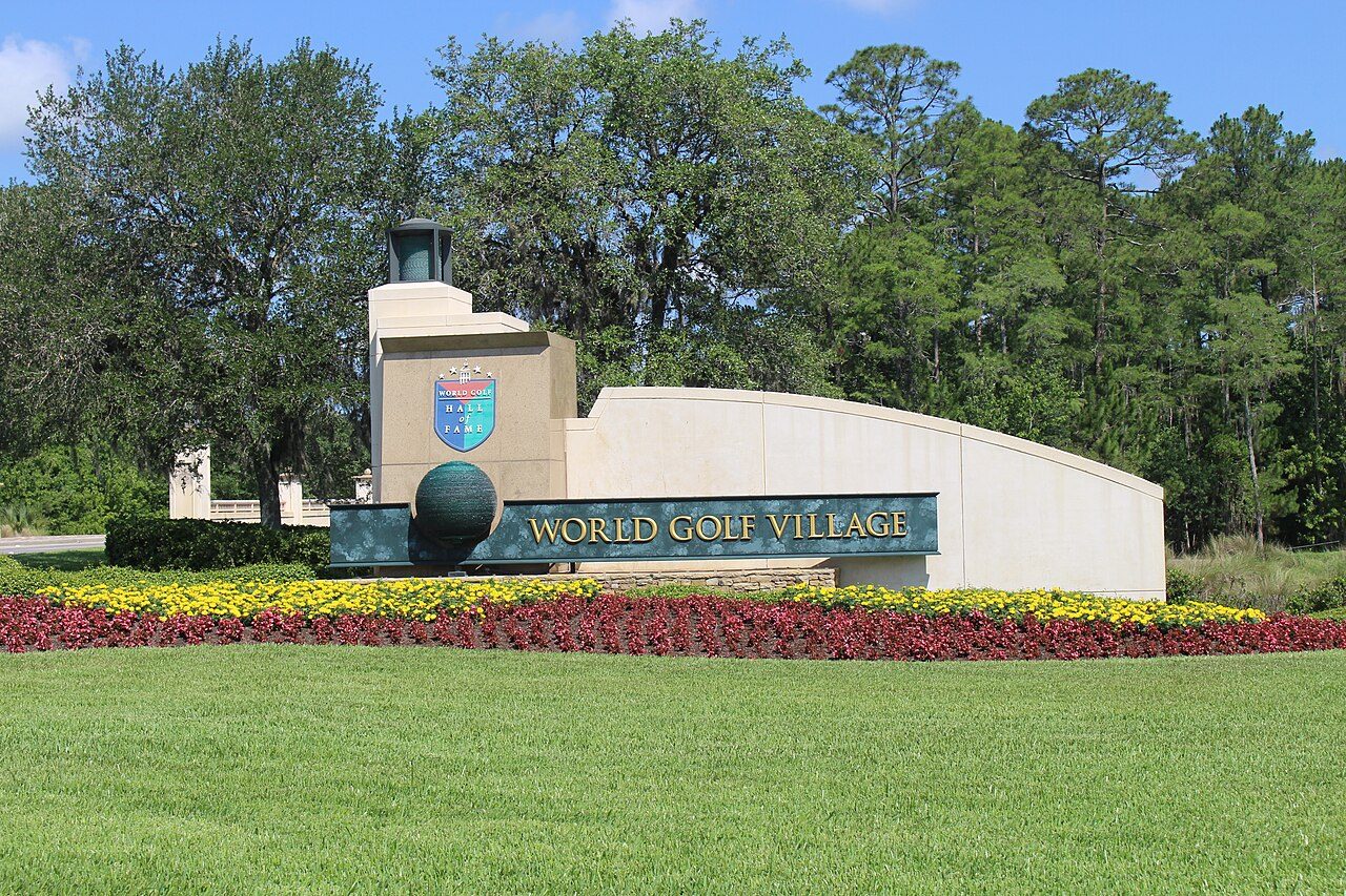Entrance monument and flower beds at World Golf Village in St. Augustine, Florida