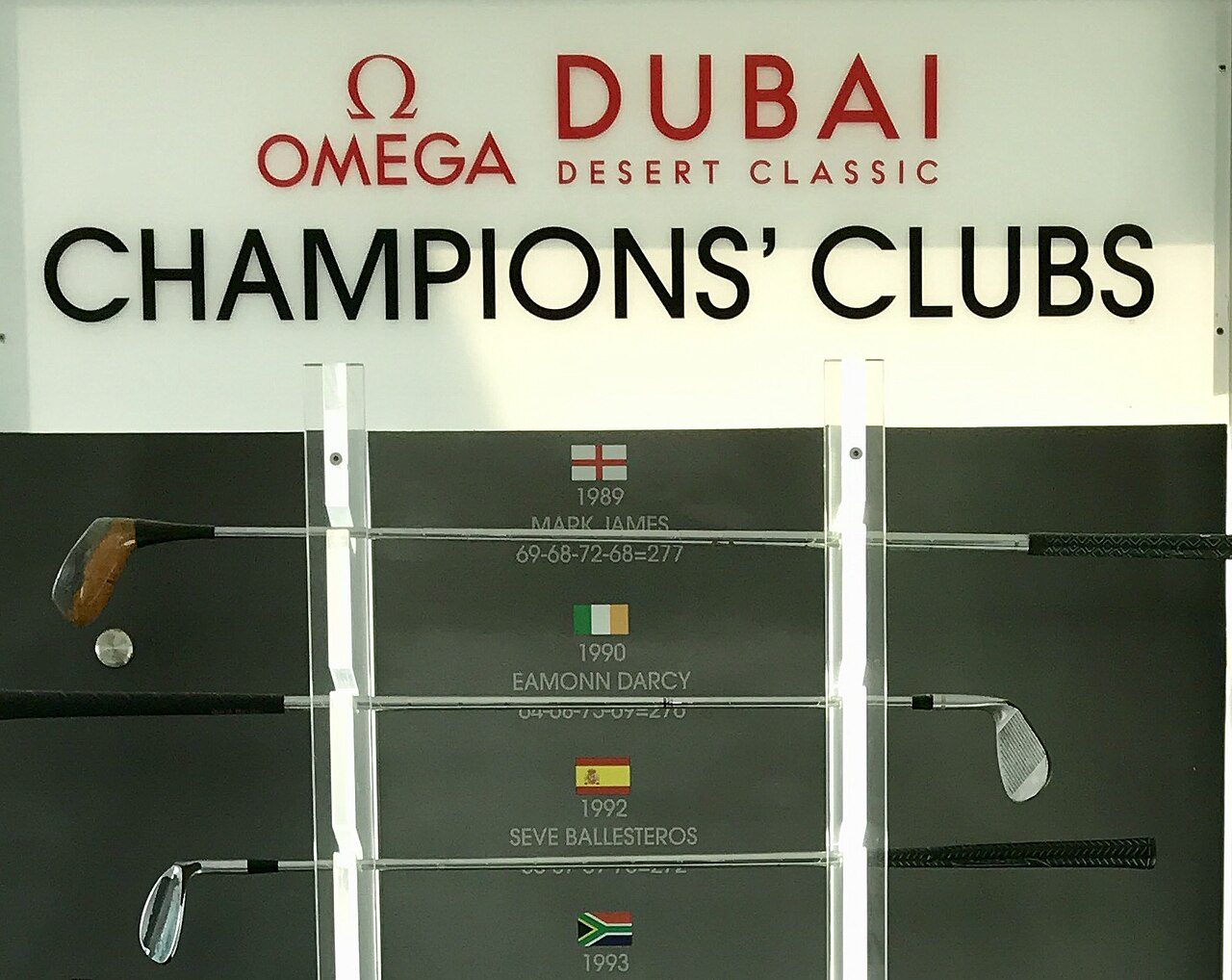The Dubai Desert Classic champions' clubs display at Emirates Golf Club