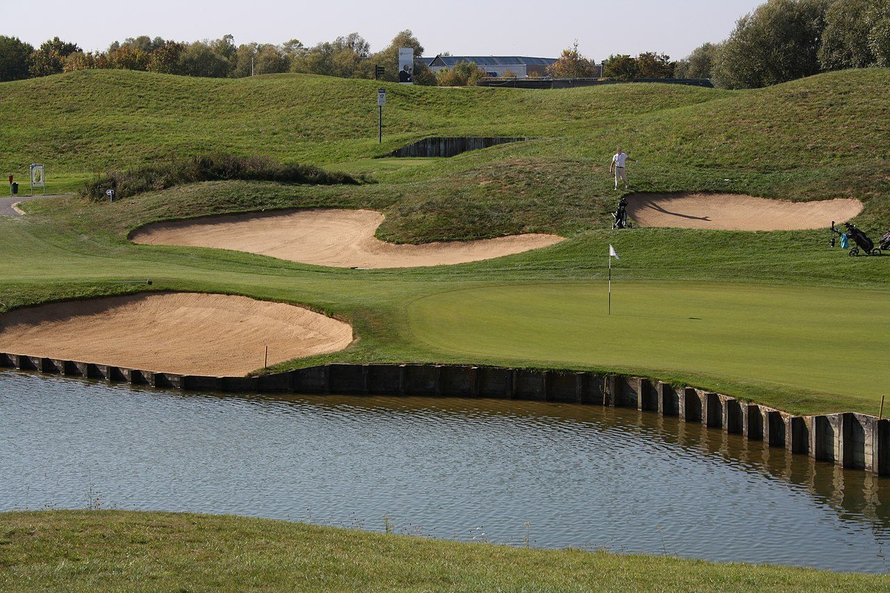 Bunkers and a water hazard at Le Golf National near Paris