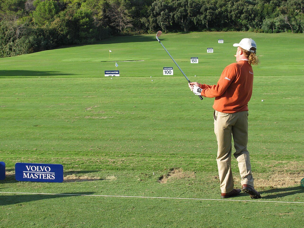 Miguel Ángel Jiménez hitting balls on the practice ground at Valderrama during the 2008 Volvo Masters